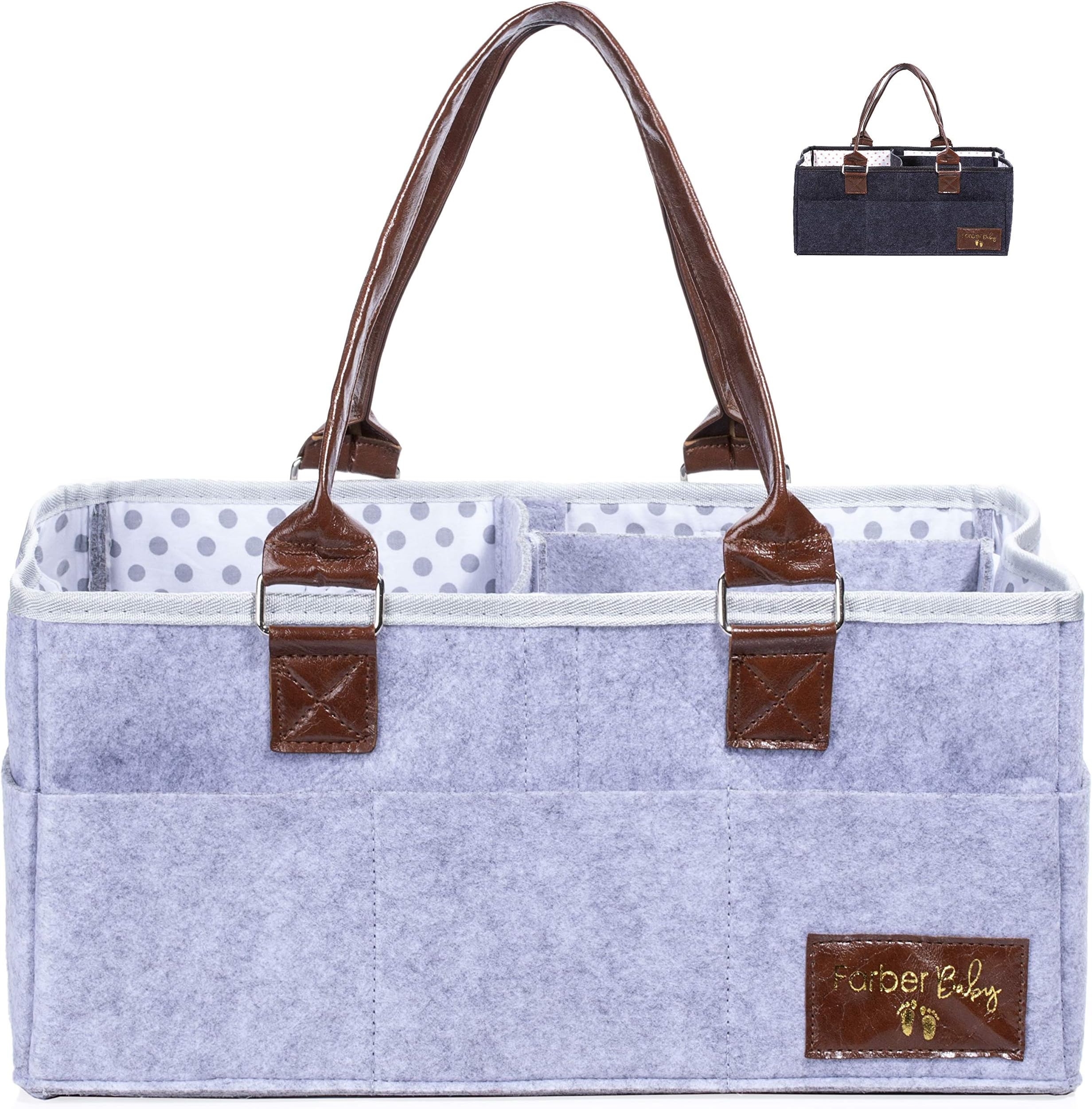 Farber BabyDiaper Caddy Organizer | Large Baby Diaper Organizer Portable Storage Basket for Baby Needs | Nursery Changing Table Storage Bin | Car Organizer for Diapers Baby Wipes (Light Gray)