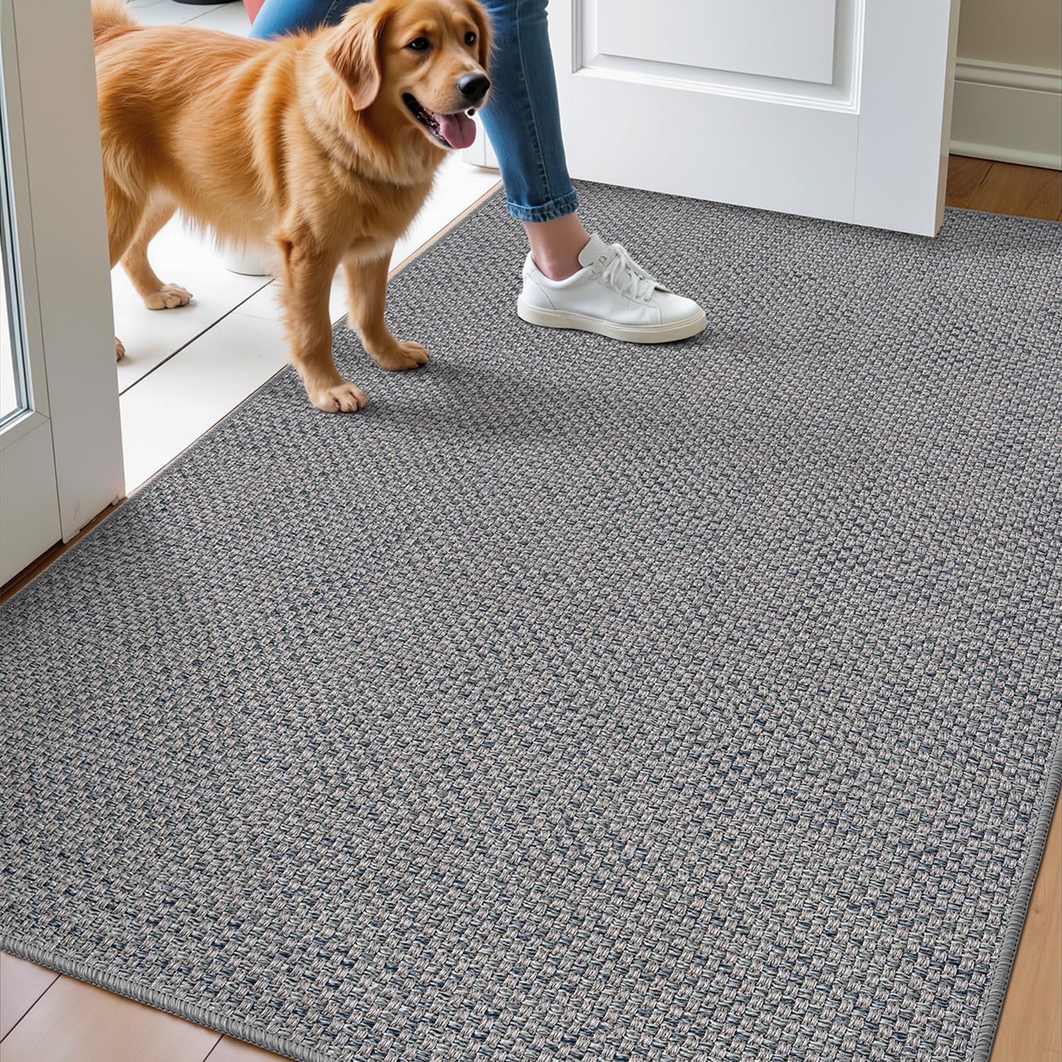 DEXI Indoor Door Mat 90 x 140 cm, Non Slip Rubber Backing, Low Profile Dirt Trapping Doormat for Entrance, Patio, Pets, Grey