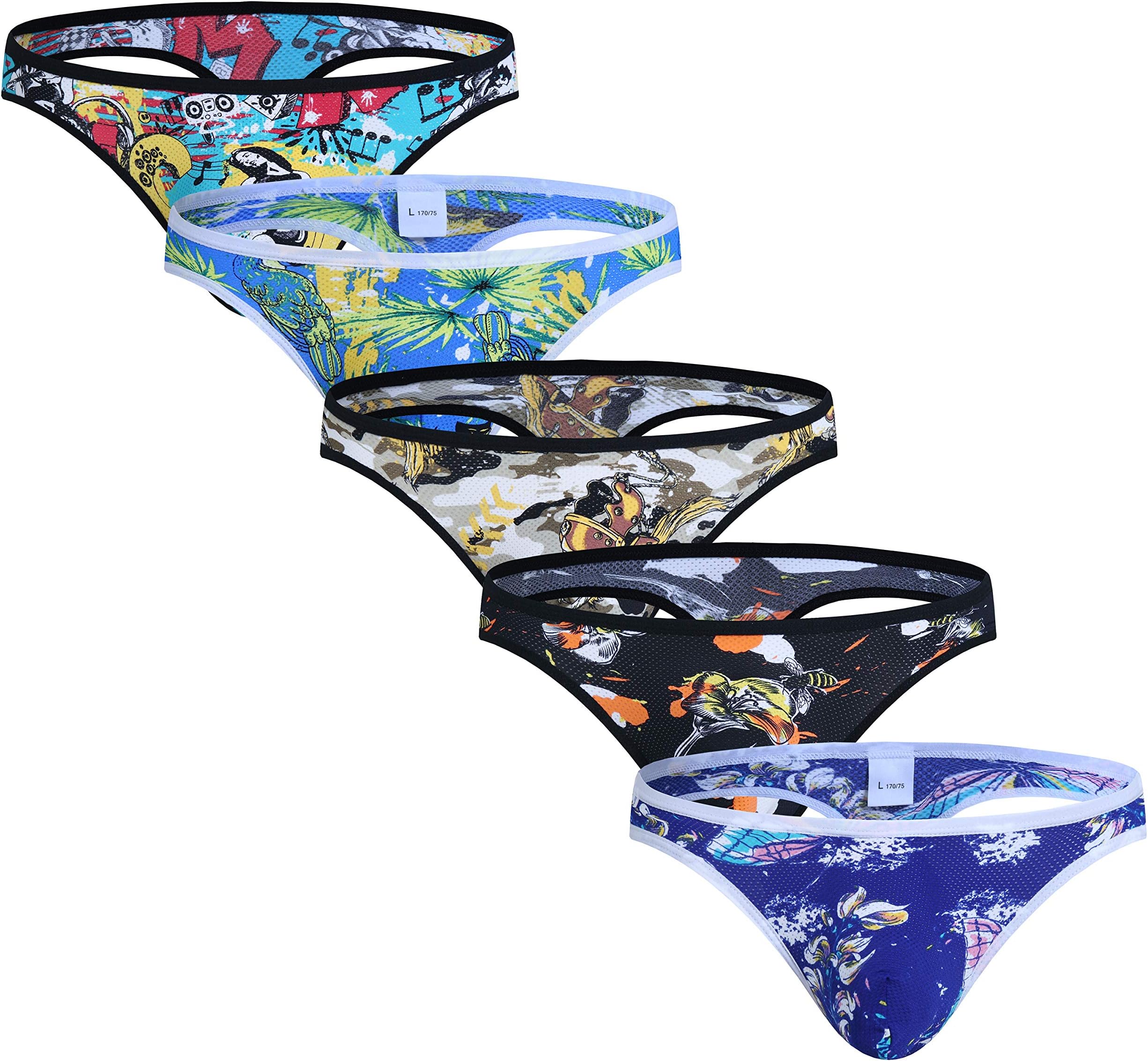 Men's Low Rise Bulge Thong Sexy Printed Mesh T-Back Mens Underwear