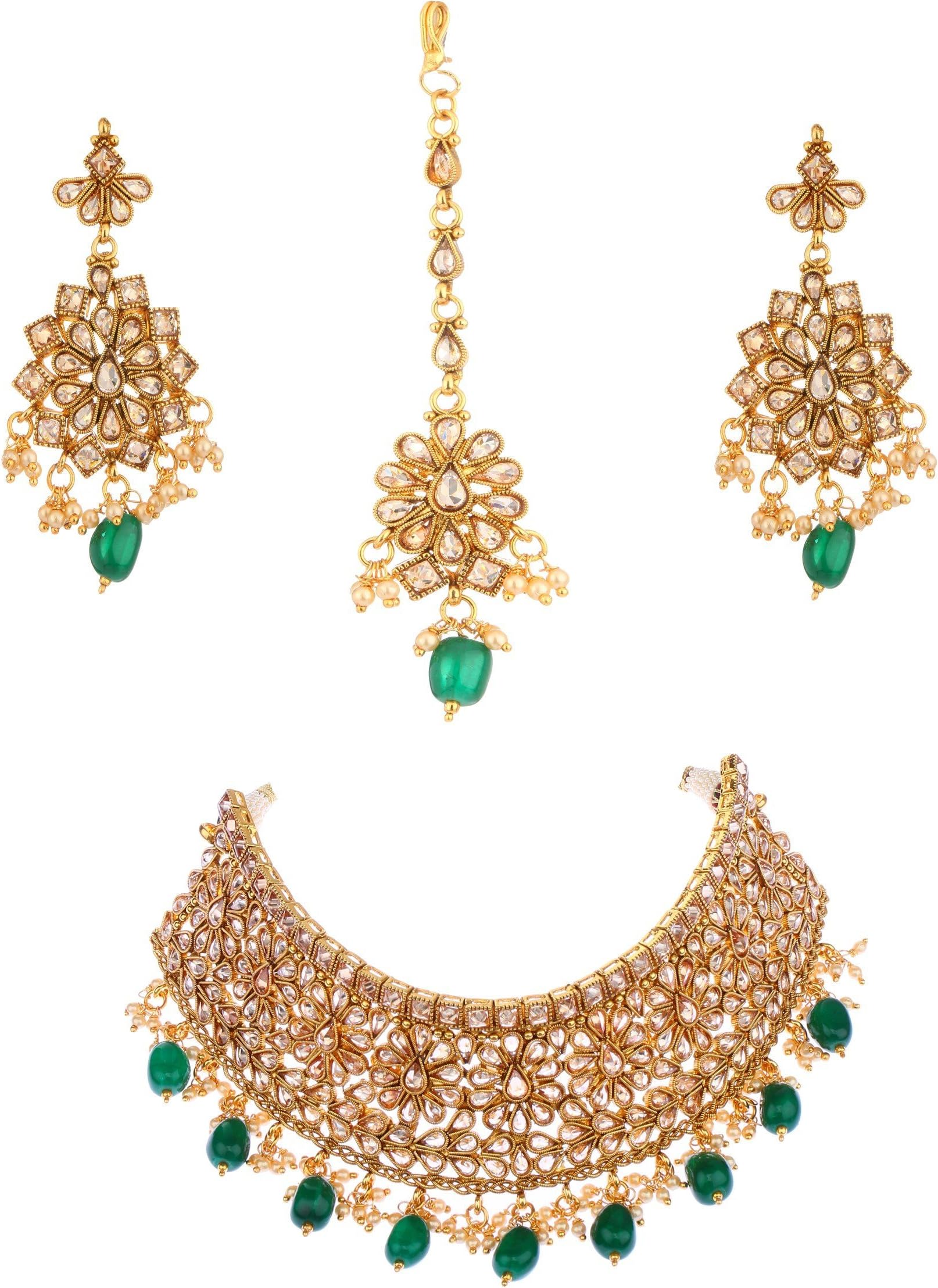 18K Gold Plated Kundan/Polki Emerald Bridal Choker Collection Jewellery Set for Women
