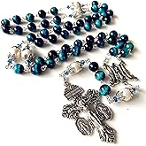 elegantmedical HANDMADE Peacock Blue Tiger Eye Prayer Beads & (AAA) 10mm real Pearl sterling silver beads caps Catholic Rosary Necklace Gift Box Italy Parden Crucifix
