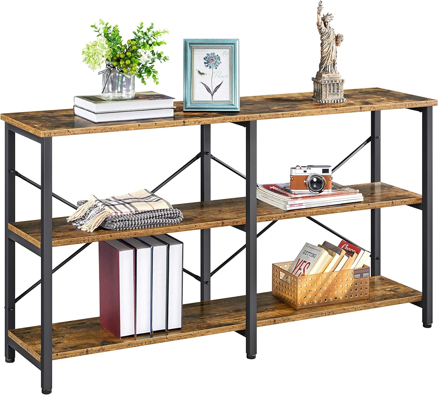 YAHEETECH 55 Inch Console Table with Storage Shelves for Entryway, 3-Tier Industrial Sofa Table with Storage, Narrow Console Table with Bookshelf for Living Room/Bedroom, Easy Assembly