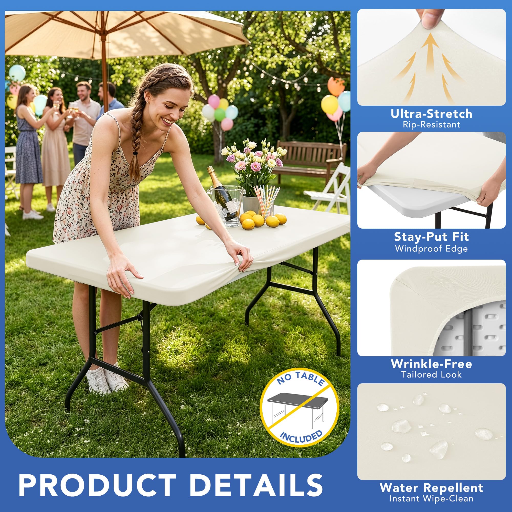 Condition photo showing New/Like New for enjoyidea fitted tablecloth for 8 foot rectangle tables-4 pack cream elastic outdoor picnic table co