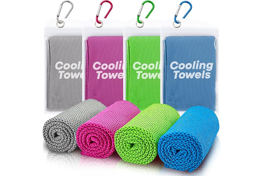 RUENVUE 4 Pack Cooling Towels (40"x 12"), Soft Breathable Gym Towels, Outdoors Ice Towel for Neck and Face, Camp Essentials Microfiber Sweat Towels for Gym, Run, Yoga, Workout, Travel, Climb