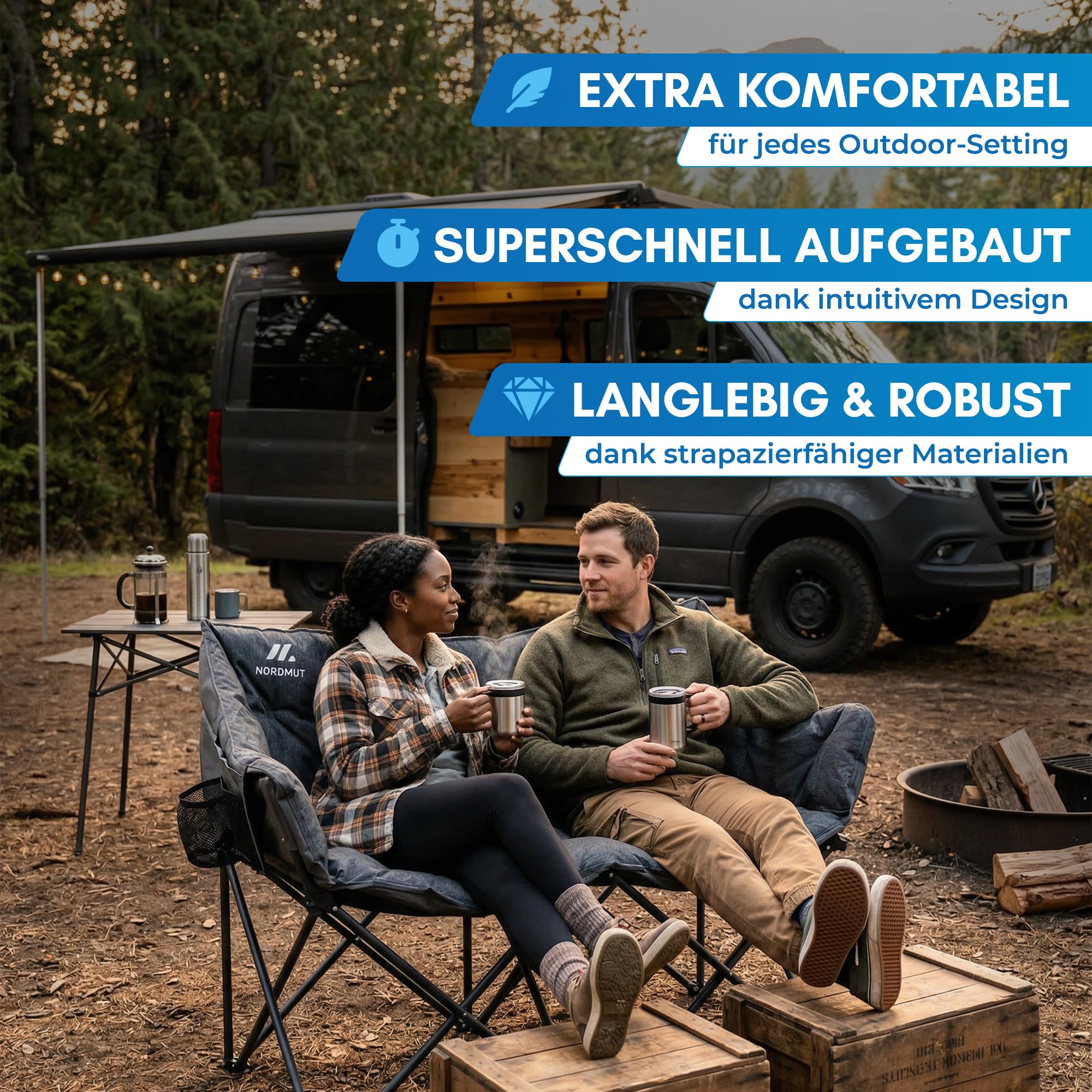 NORDMUT® Campingsofa faltbar für 2 Personen – stabile Camping Couch 320 kg belastbar – komfortabler Doppel Campingstuhl faltbar mit extra Dicker Polsterung (Aschgrau) 8