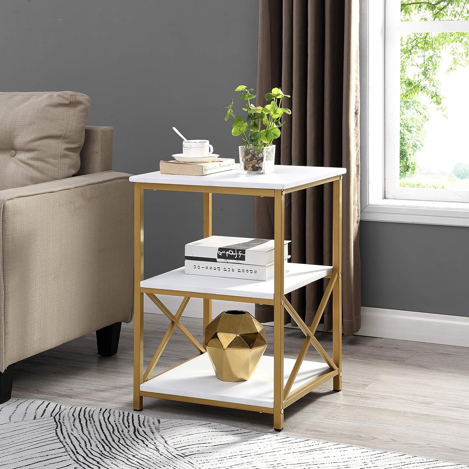 RAAMZO White and Gold Finish Metal Frame XDesign Chair Side End Table Nightstand