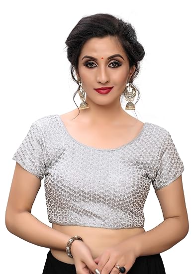 Women's Sequence Embroidered Silk Blouse With Round Neck (BL-20032)_Free_Size