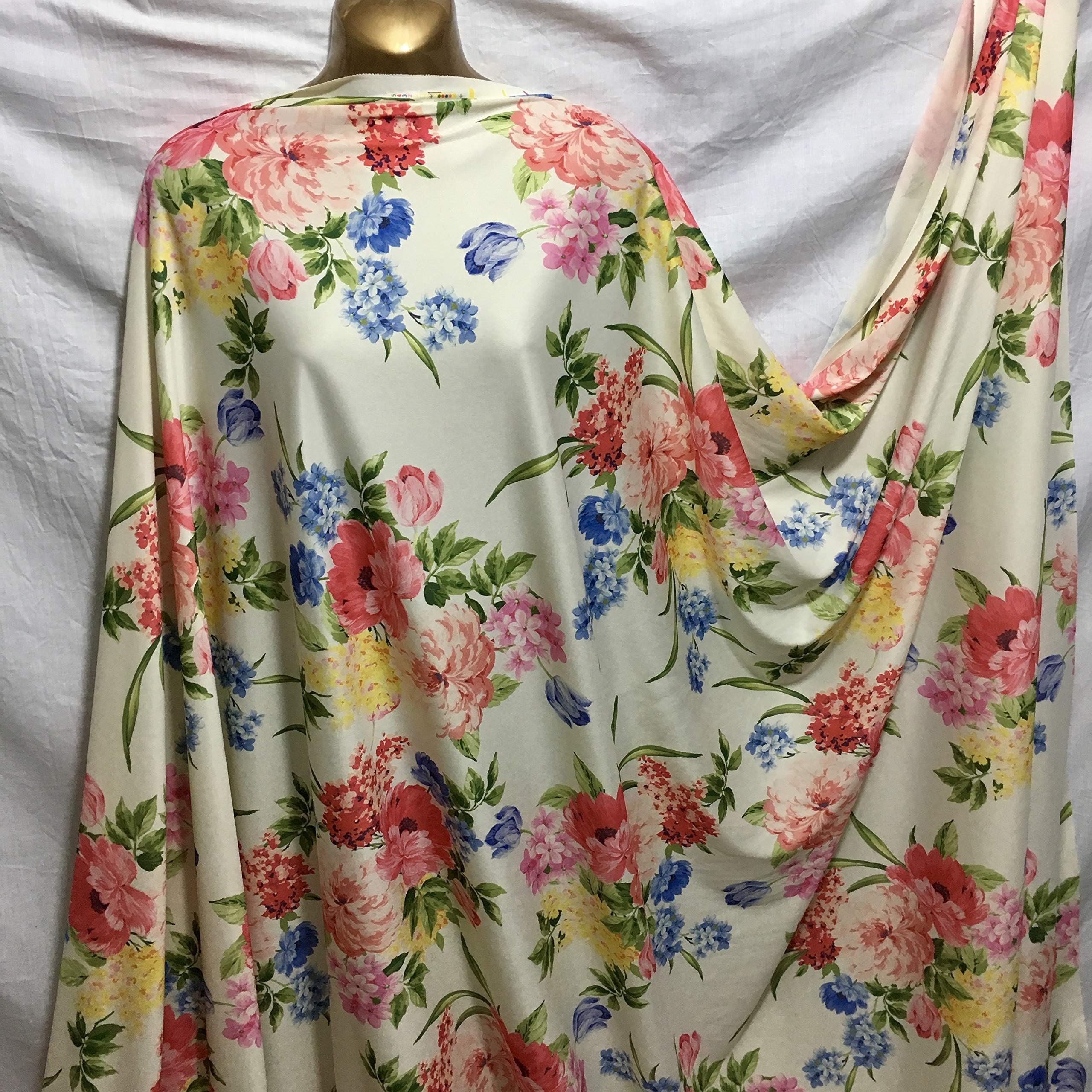 Cheapest Fabrics UK Soft Stretch Poly Viscose Jersey Designer Floral Prints Dress/Craft/Curtain Fabric (Cream Base)