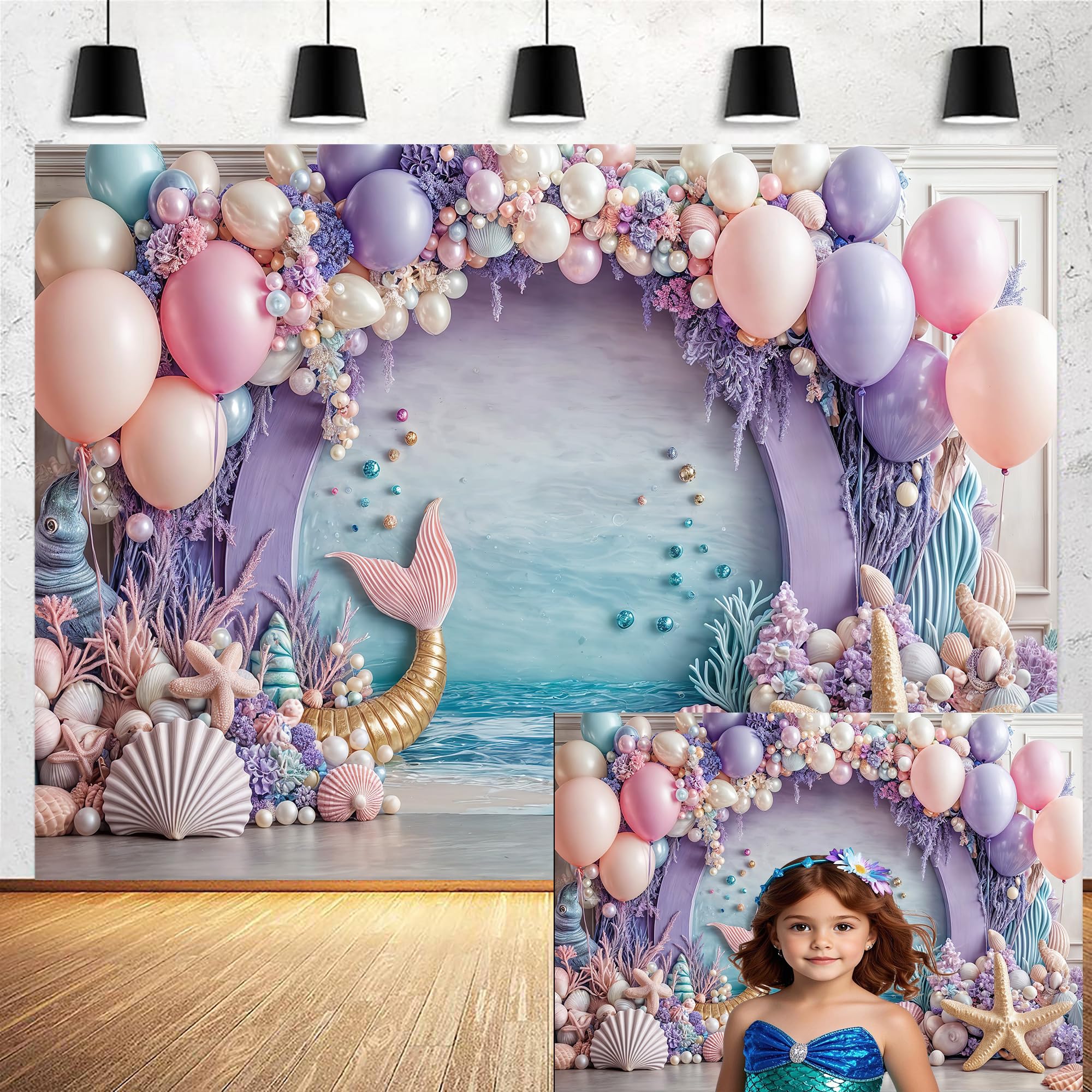 Photo 1 of 10x8ft Mermaid Backdrop for Girls Birthday Under The Sea Photography Background Purple Pink Balloon Princess Party Decorations Starfish Shells Ocean Baby Shower Banner Cake Decor Photo Booth Props