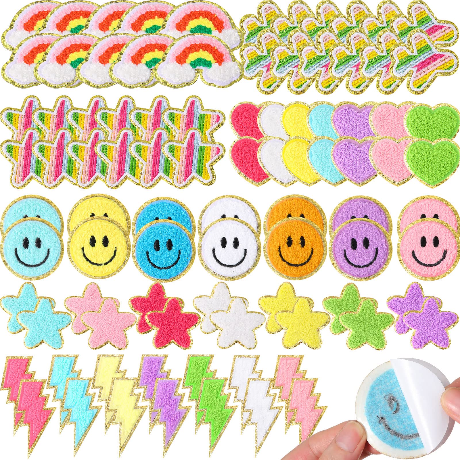 Photo 1 of 98 Pcs Self Adhesive Chenille Patches Cute Chenille Embroidered Patches Colorful Heart Lightning Rainbow Applique for Clothing Fabric Jackets DIY Mobile Phone Backpacks Hat