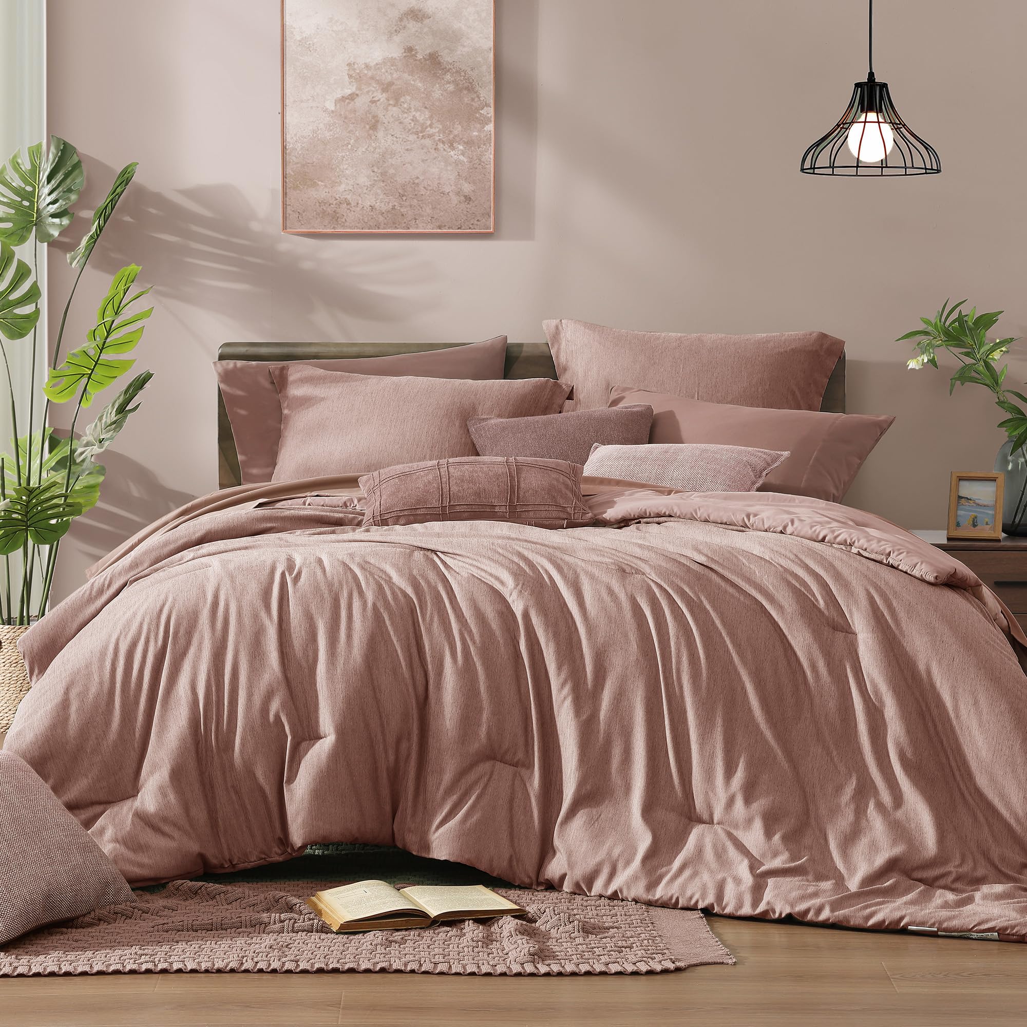 Photo 1 of Monbix Queen Comforter Set - 7 Pieces Dusty Pink Cationic Dyeing Bed in a Bag Queen Bedding Sets with Sheets, Pillowcases & Shams, Reversible Bedding Comforters