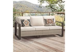 Gardenbee Patio Sofa Wicker 3-Seat Outdoor Couch with Deep Seating, High Back, Steel Frame and Non-Slip Cushion, Beige