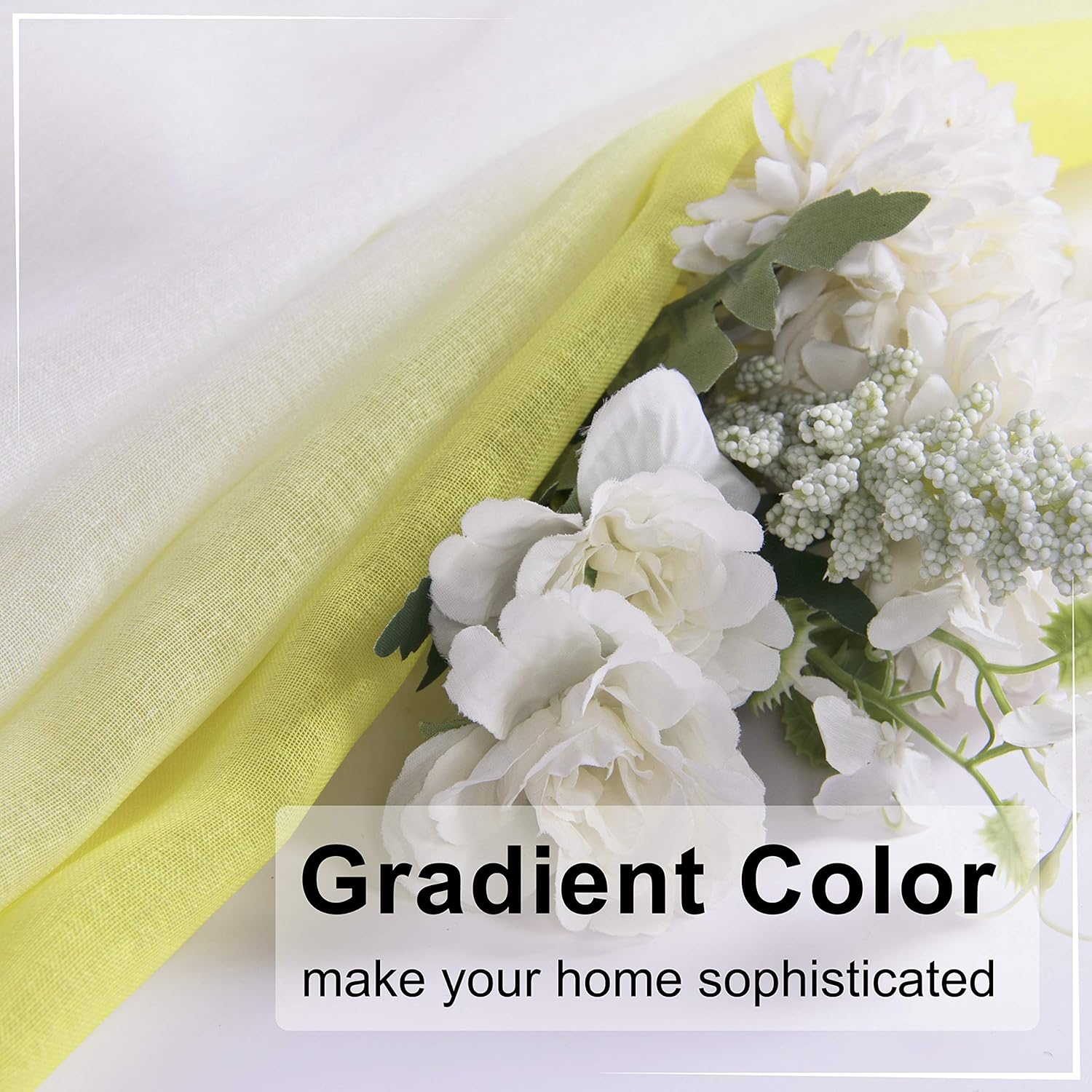 WONTEX Faux Linen 2 Tone Ombre Sheer Curtains for Living Room/ Bedroom, 52 x 84 Inch Long, Yellow and White – Light Filtering and Privacy Gradient Curtain, Grommet Semi Sheer Voile, Set of 2 Panels: Kitchen & Dining