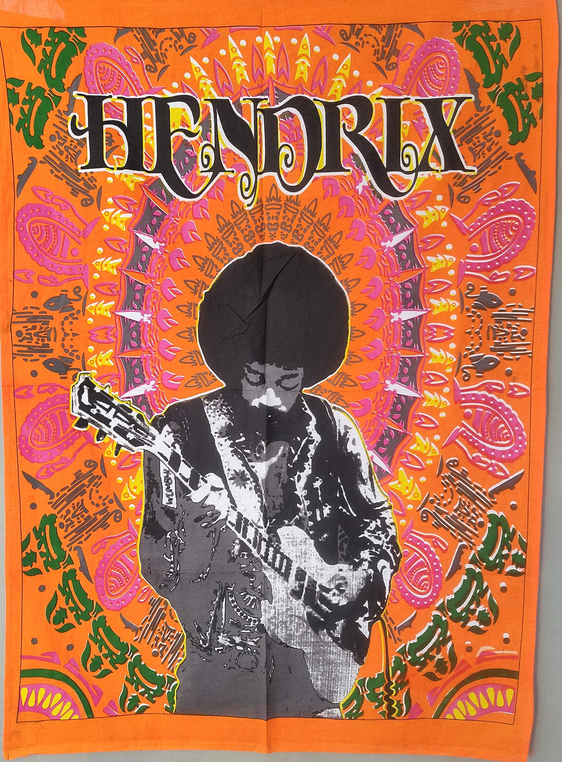 ICC Jimi Hendrix Guitar Poster Wall Hanging Tapestries Jimmie Hendrix Classic Rock legend Music Tapestry Jimmy Bohemian Decoration Psychedelic Hippie Large Vintage Decor Orange