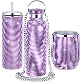 Rtteri 3 Pcs Bling Water Bottle Rhinestone Stainless Steel Bling Cup Stemless Glitter Tumbler Insulated Rhinestone Tumbler with Chain, Lid and Straw for Women Coffee Martini Wine Cups (Purple)