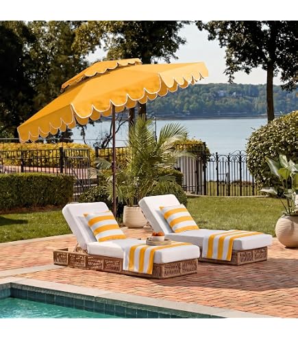 SAFAVIEH Outdoor - Venice 9-Foot Crank Patio Umbrella - Yellow & White Canopy - Brown Aluminum Pole - Single Scallop Trim Design