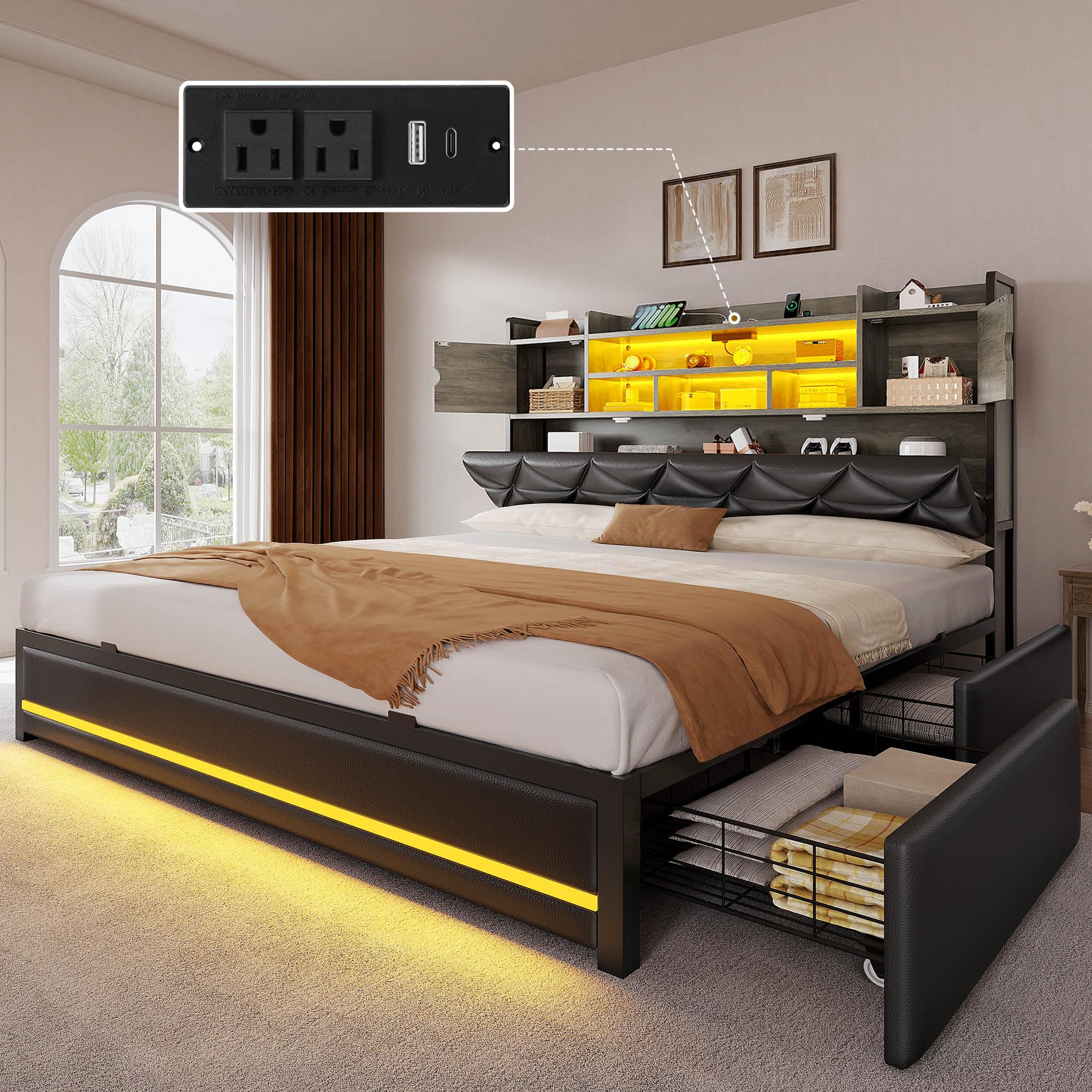 Photo 1 of ** SOLD AS IS NO REFUND \RETURN** SEE COMMENTS
DWVO Queen Size Bed Frame with RGB LED Lights & Storage Bookcase Headboard, Upholstered Bed with Charging Station and 4 Drawers, No Box Spring Needed, Easy Assembly, Noise-Free, PU Leather Black