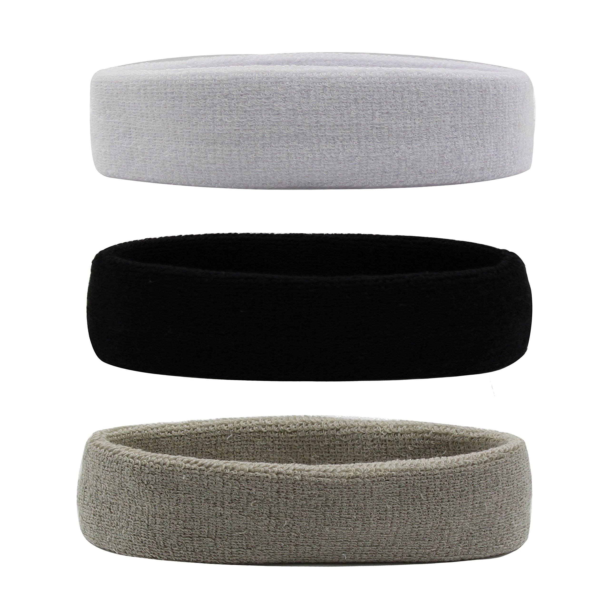 Hanerdun sports headband, women men sweatbands, cotton terry, for running, biking, jogging, tennis, football (3PC(BLACK+WHITE+GRAY))