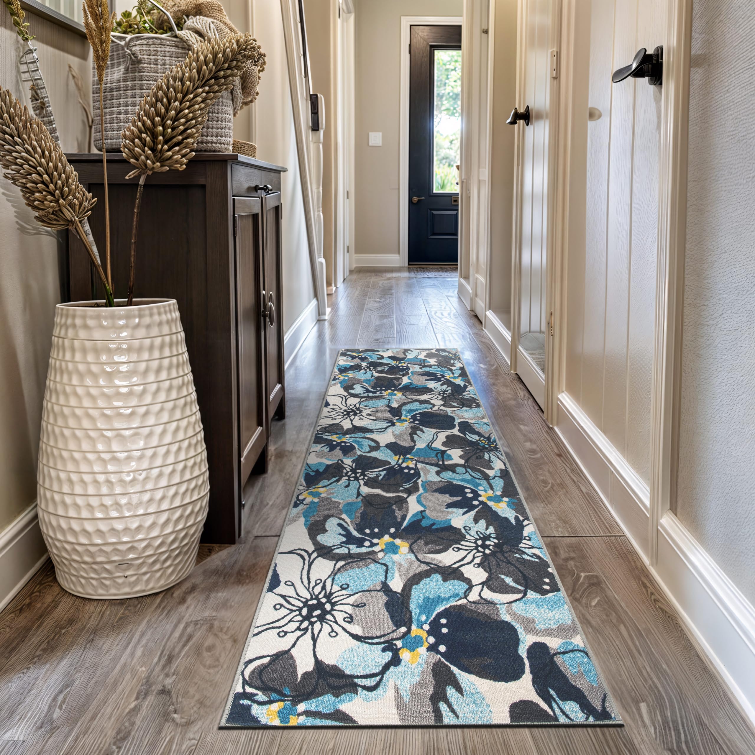Rugshop Modern Large Floral Non-Slip (Non-Skid) Runner Rug 2’7″ x 10′ Gray