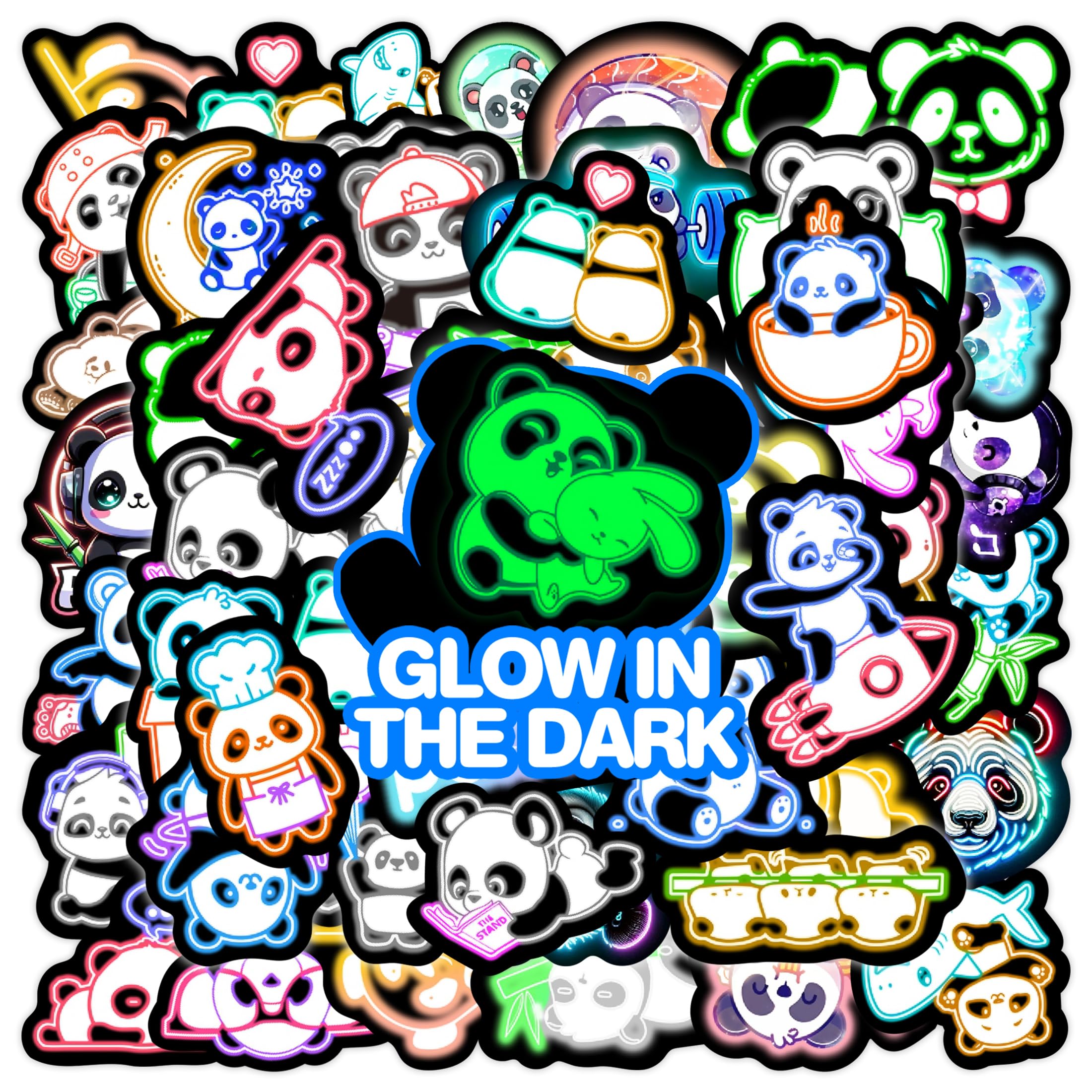 Glow in The Dark Neon Panda Water Bottle Stickers for Kids，75 Pcs Cartoon Animal Vinyl Laptop Decals, Teens Girls Boys Adults Phone Case Skateboard Luggage Decor