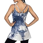 Cestyle Spaghetti Strap Camisole Built-in Padded Shelf Bra, Women Strappy Cami Long Tunic Tank Top Wear with Leggings,Trendy Fashion Sleeveless Basic Layering T-shirt Solid Color Yoga Pilates Tie-Dye