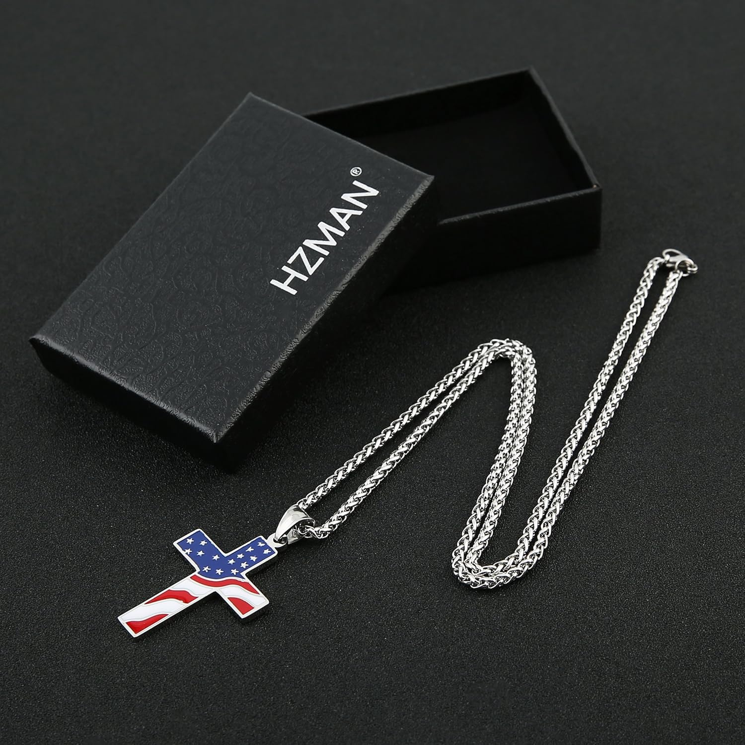 HZMAN American Flag Patriotic Cross Religious Jewelry Pendant Necklace, Silver: Clothing