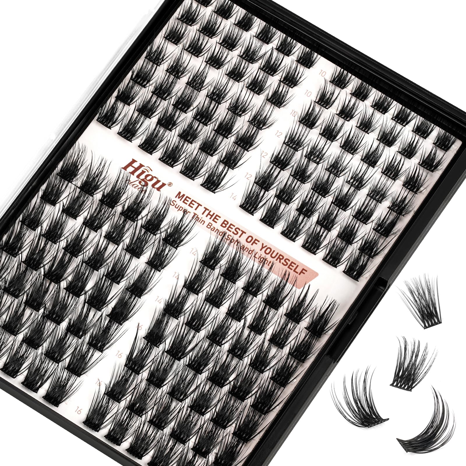Higu clace Lash Clusters, 168pcs Individual False Eyelashes, Mix10-16mm C Curl Reusable Mega Volume Look Eyelashes, Super Thin Soft Band, Lash Extensions DIY at Home - Light C Curl 10-16mm — image 1