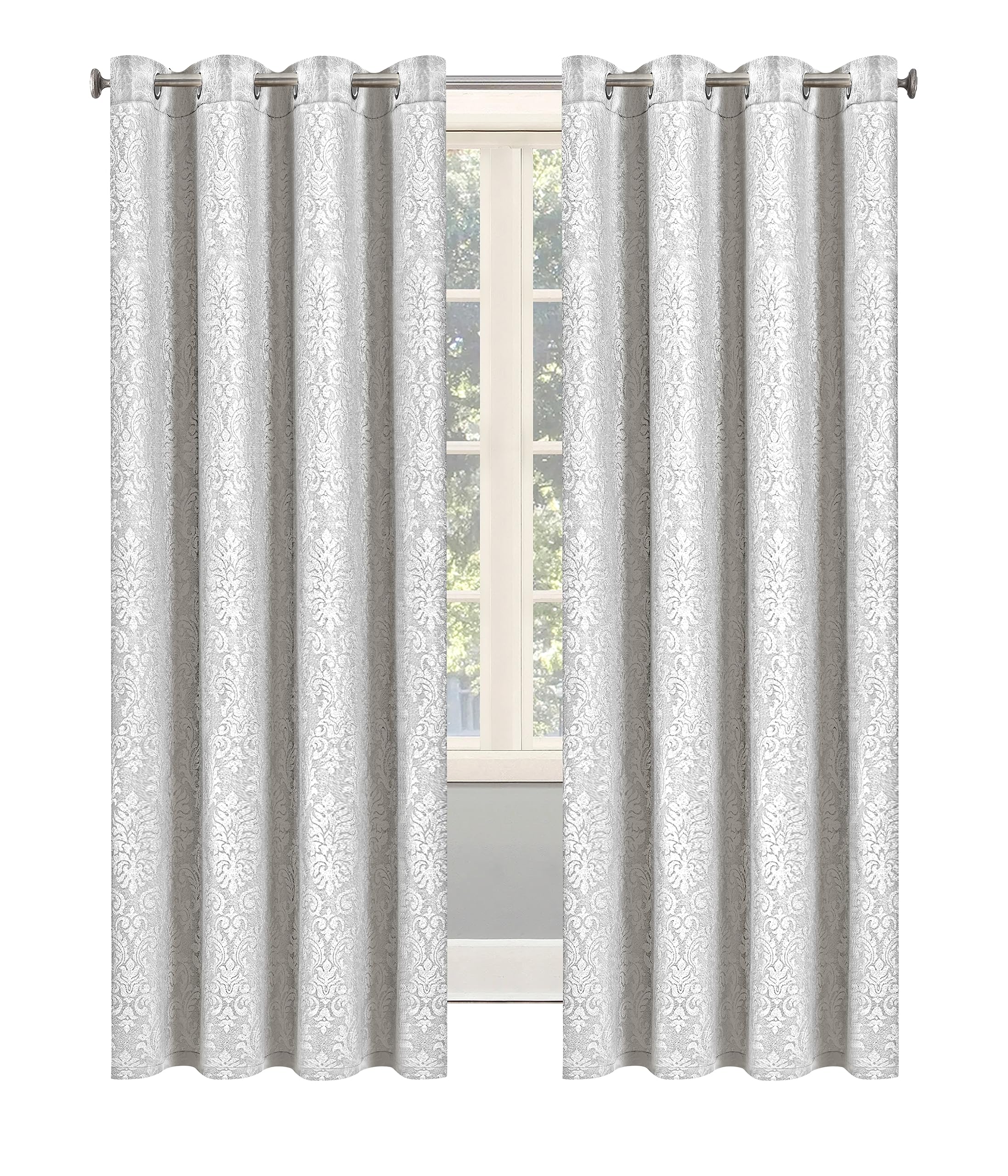 OpulentDreams Embossed Woven Thermal Curtains - Room Darkening Ring-Top Curtains for Bedroom & Living Room - Includes Tie Backs - Pair of Panels (Silver - Eyelet, 46" x 54" (116 x 137cm))