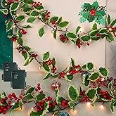 Juegoal 2 Pack Christmas Garlands, 9FT Pre-lit Red Berries & Holly Leaves Garland, Artificial Lighted Garland Battery Operated with Timer, Indoor Outdoor Xmas Fireplace Gate Home Winter New Year Decor