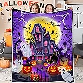Halloween Blanket, Spooky Ghosts Blanket for Women, Castle Jack-O-Lantern Pumpkins Soft Flannel Fleece Throw Blankets for Kids Bed Living Room Couch, 50x60 Inches, Purple for Girls Boys