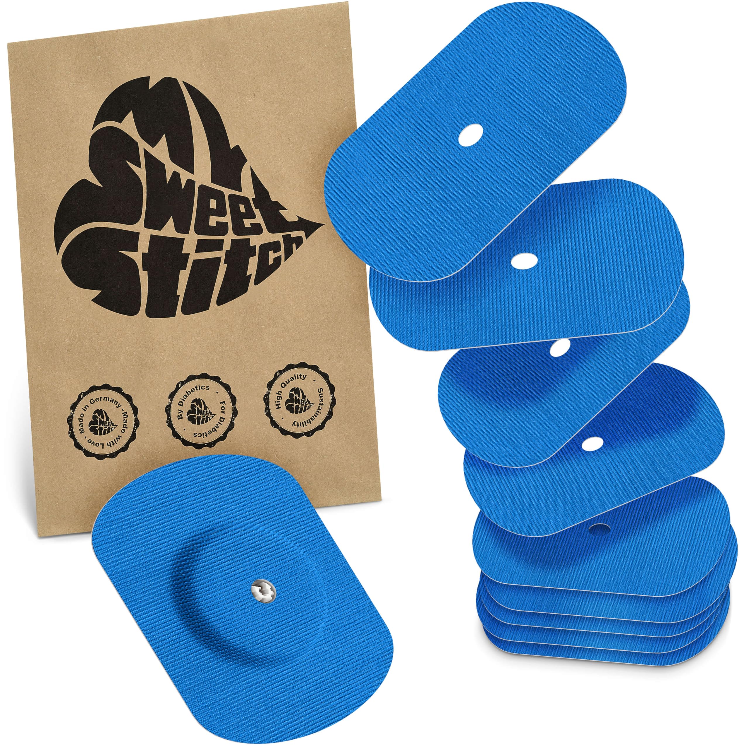MySweetStitch - 10 x Freestyle Libre 1 & 2 Patches Oval with Ventilation Hole, Overpatch Ø 70 x 55mm, Waterproof, Breathable, Skin-Friendly, Made in Germany, Blue