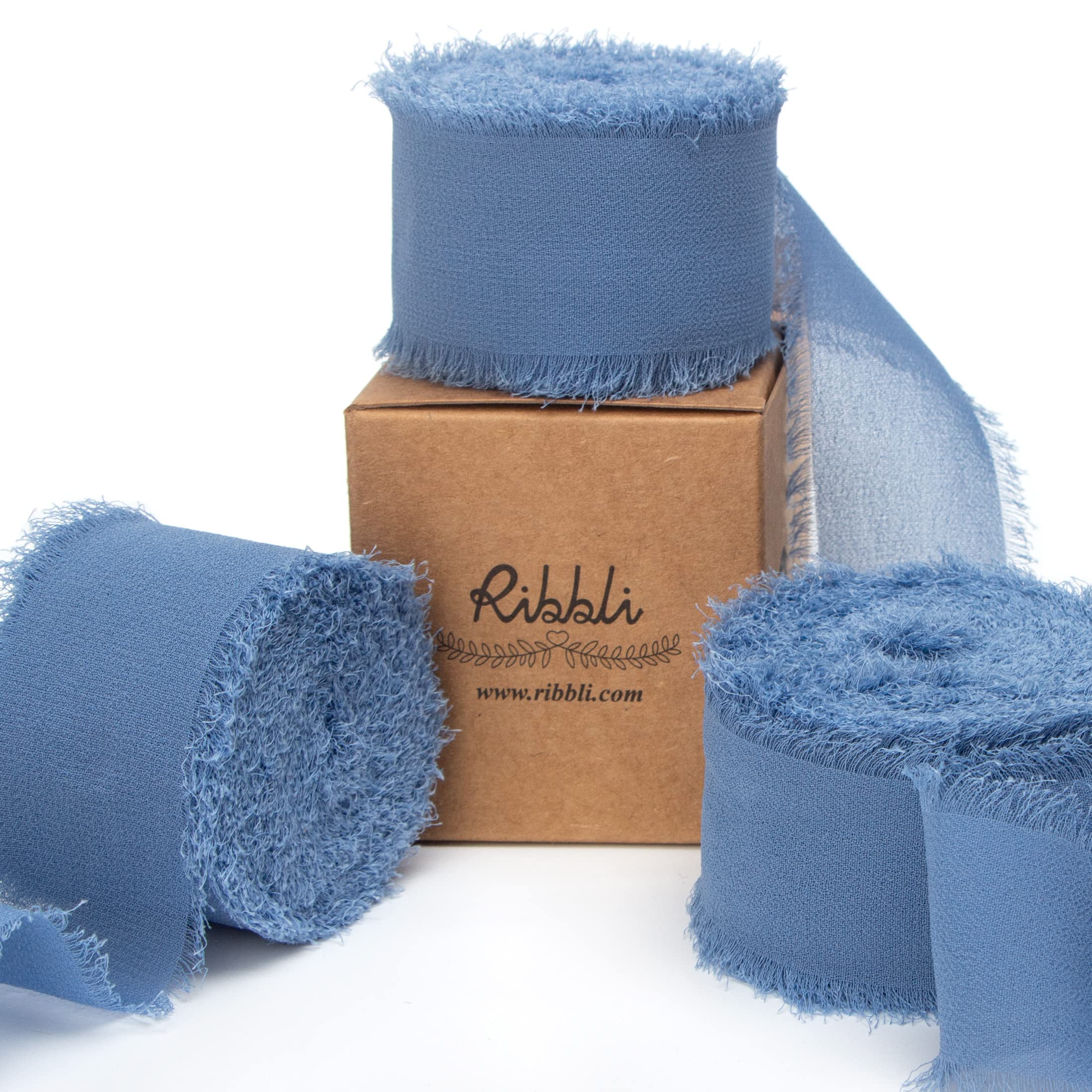 Photo 1 of Ribbli Dusty Blue Chiffon Ribbon - 1-1/2 inch x 30 Yard Handmade Fringe Silk Ribbon for Wedding Invitations, Bridal Bouquets, Flower Arrangements 