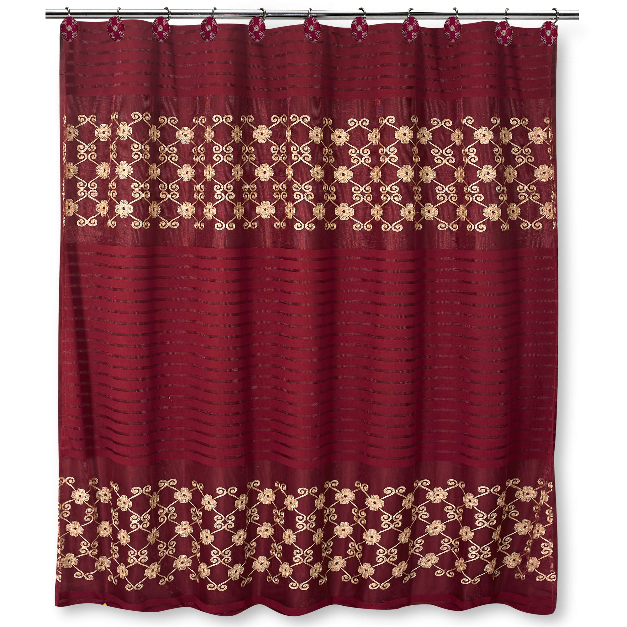 Popular Bath Shower Curtain, Vlegant Rosa Collection, 70" x 72", Burgundy/Gold