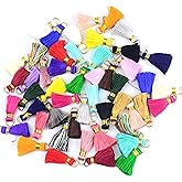 Makhry 50pc 0.8''(2cm) Mini Soft Handmade Silky Floss Tassel with Gold Gold Jump Ring for Woman Earrings, Jewelry Making, Souvenir, DIY Craft Accessory (50, Random)