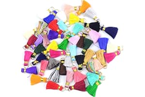 Makhry 50pc 0.8''(2cm) Mini Soft Handmade Silky Floss Tassel with Gold Gold Jump Ring for Woman Earrings, Jewelry Making, Souvenir, DIY Craft Accessory (50, Random)