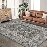 GarveeHome 8x10 Area Rug Retro Floral, Washable Rug for Living Room Boho Vintage Large Rug for Bedroom Soft Non Slip Low Pile Floor Mat Persian Carpets for Dining Room Office Stain Resistance, Green