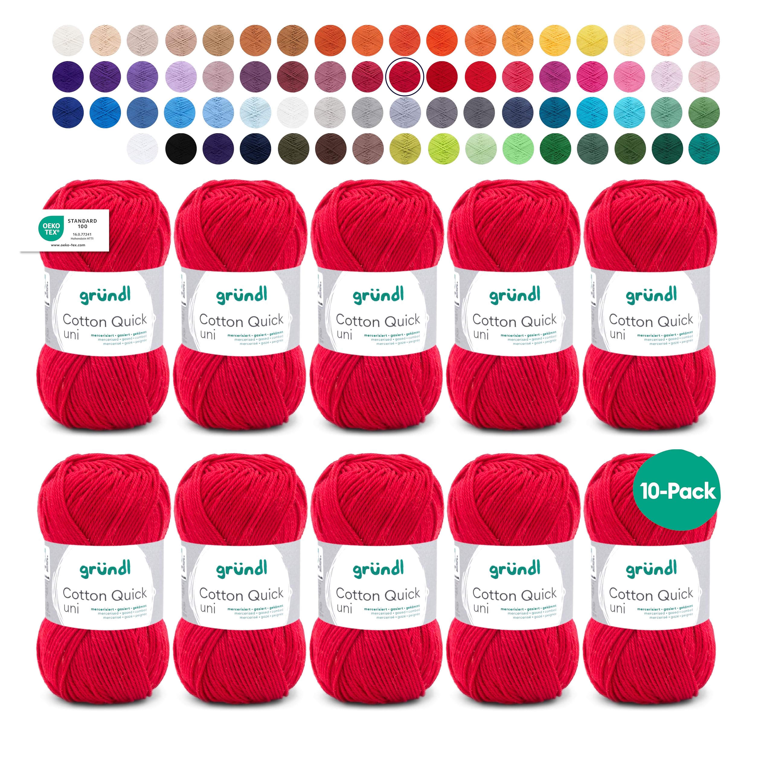 Gründl Cotton Quick Uni Value Pack 10 x 50g Balls (Heavy Duty Long Lasting Wool Easy Care Washable 100% Cotton Yarn 50g/125m - Red 3-4 10 x 50g)