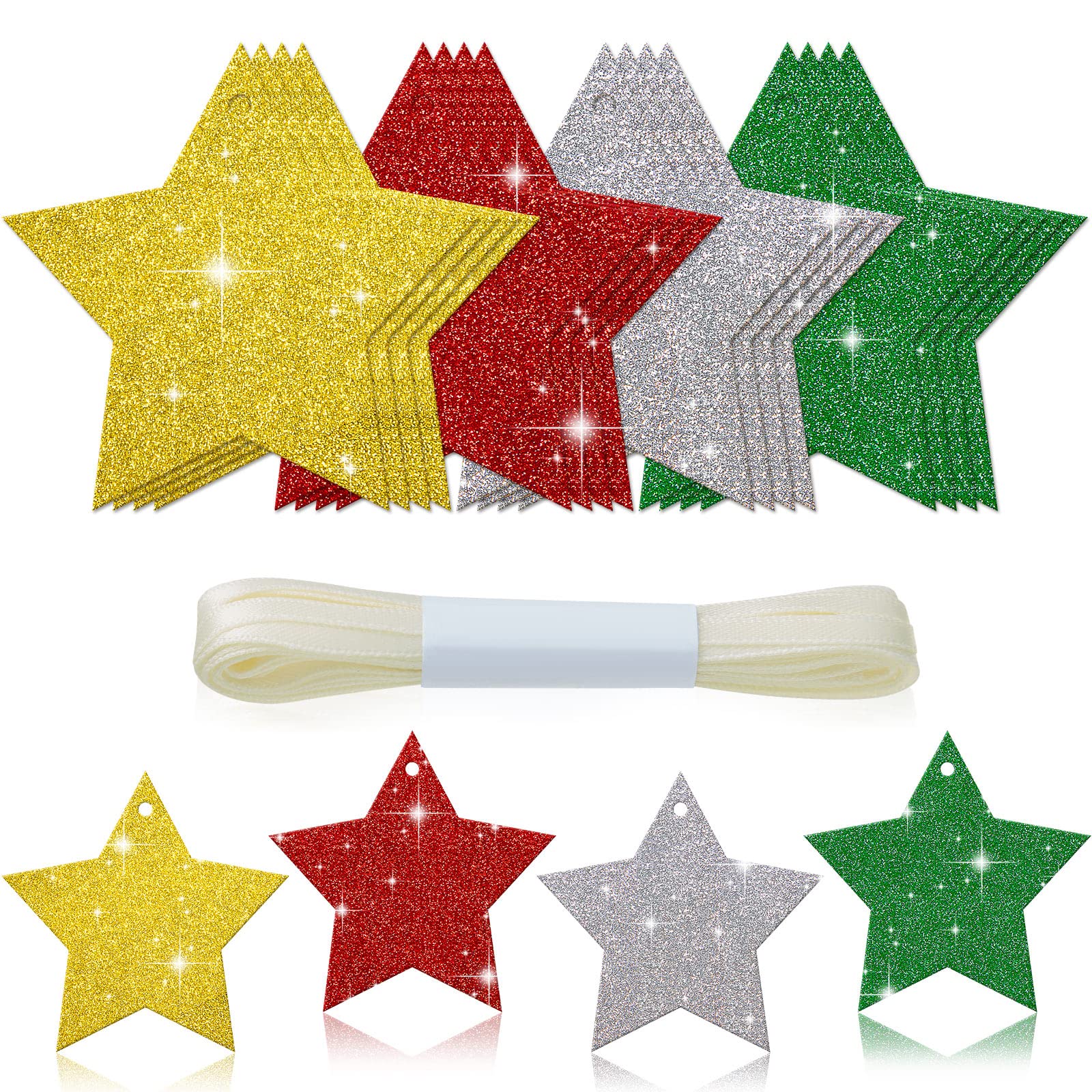 Containlol 32 Pieces Christmas Glitter Gift Tags Christmas Price Tags with Cords Multi Colored Gift Tags with Holes Threads for Home Xmas Party Supplies Holiday Thanks Gifts Boxes (Star Style)