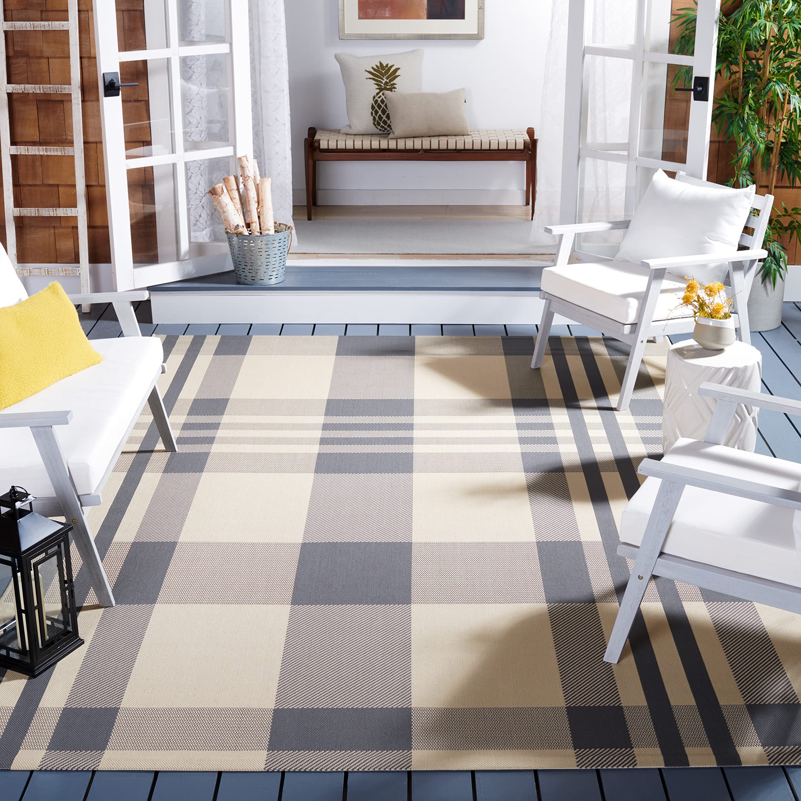 SAFAVIEH Courtyard Collection 8' x 10' Grey/Bone CY6201 Plaid Indoor/ Outside Waterproof Easy cleansingPatio Backyard Mudroom Area Mat Image