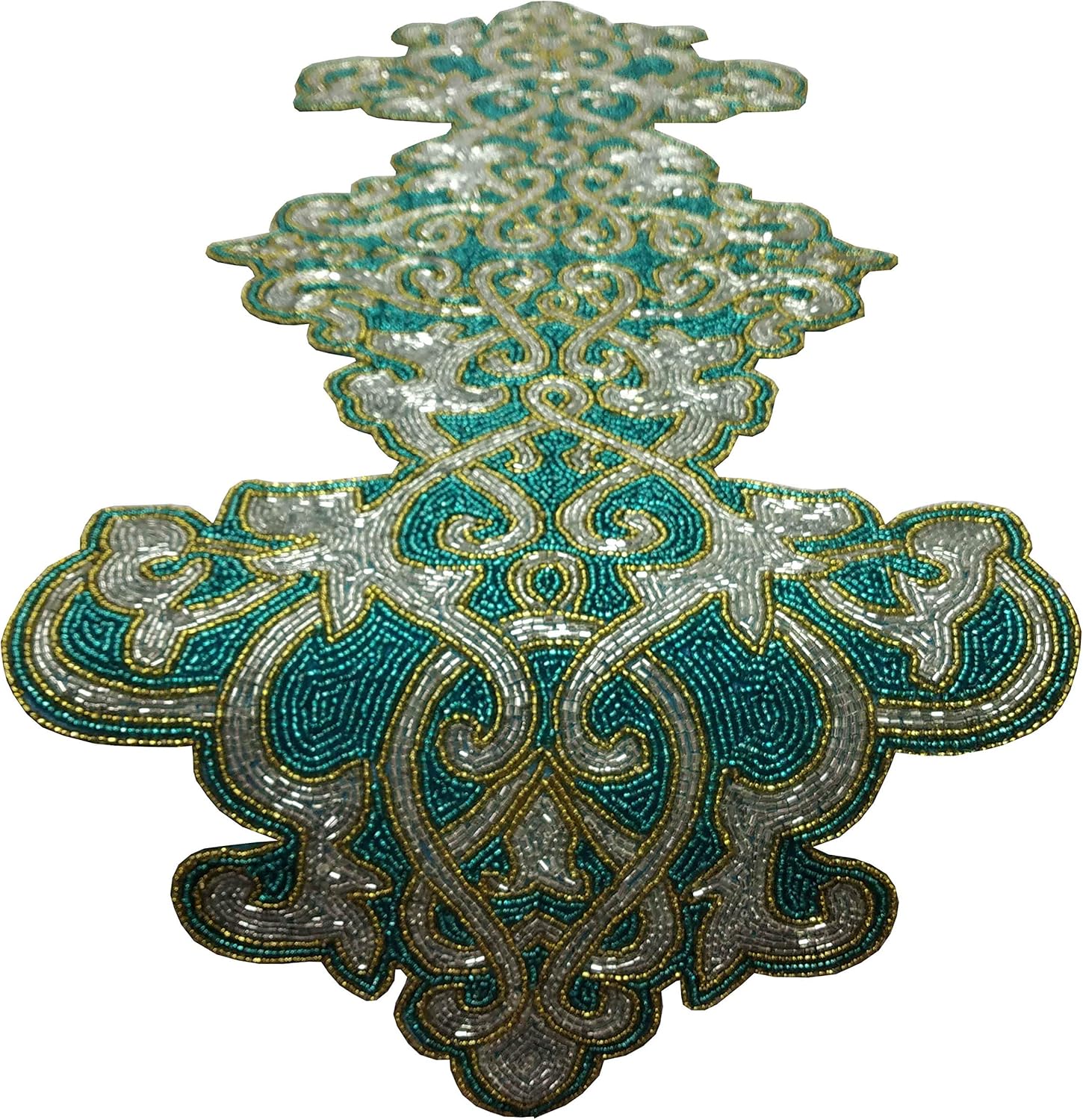 Hand Made Beaded Table Runner 13x36 Inch in Teal Gold Silver Combo