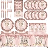 18th Birthday Decorations for Girls,61Pcs Rose Gold 18th Birthday Decorations Tableware Include 18th Birthday Plates and Napkins,Tablecloth,Forks,Serve 20