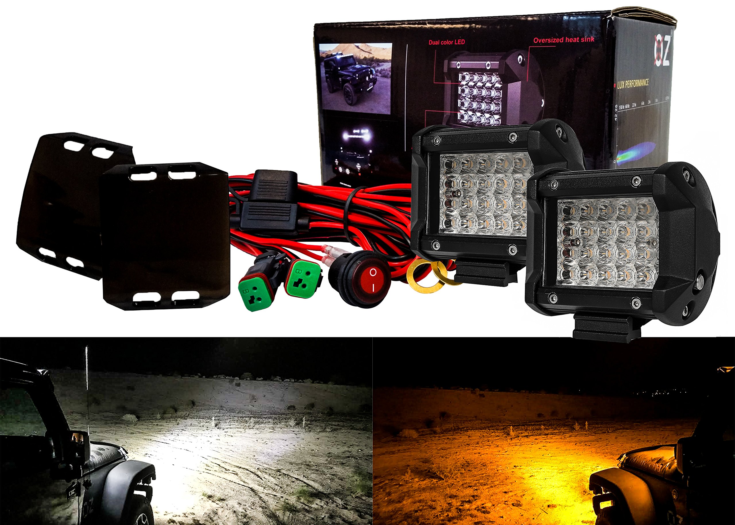 Amber White Dual Color Changing High Output LED Pod Light Black Housing Driving Fog Spot Flash Strobe with Harness Black Lens Cover for Offroad Truck SUV ATV Motorcycle Marine 12-32 volts.