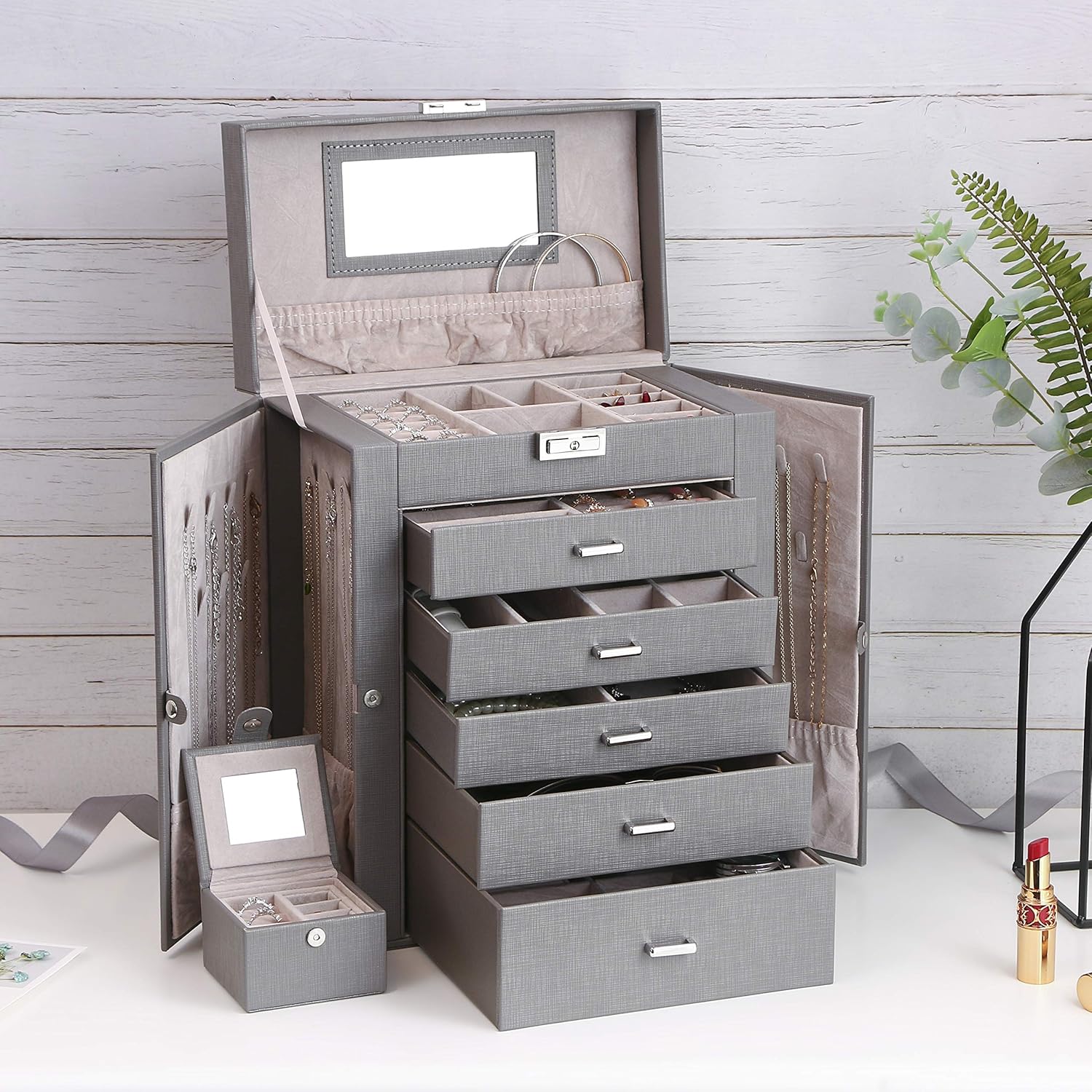 ANWBROAD 6 Tier Huge Jewelry Box Jewelry Organizer Box Display Storage Case Holder with Lock Mirror Girls Jewelry Box for Earrings Rings Necklaces Bracelets Earrings Gift Grey Faux Leather UJJB004H: Home & Kitchen