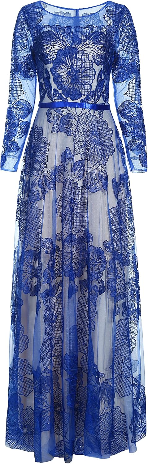 meier women's illusion long sleeve embroidery prom formal dress