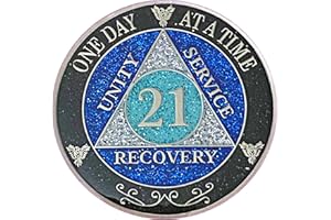 SIMPLY MINIMAL (Years 1-50) 21 Year AA Recovery Silver Color Plated Glitter Medallion, Black Rainbow, Blue, Silver Glitter Coin, Epoxy Covered (AA 21 Year Glitter Medallion)