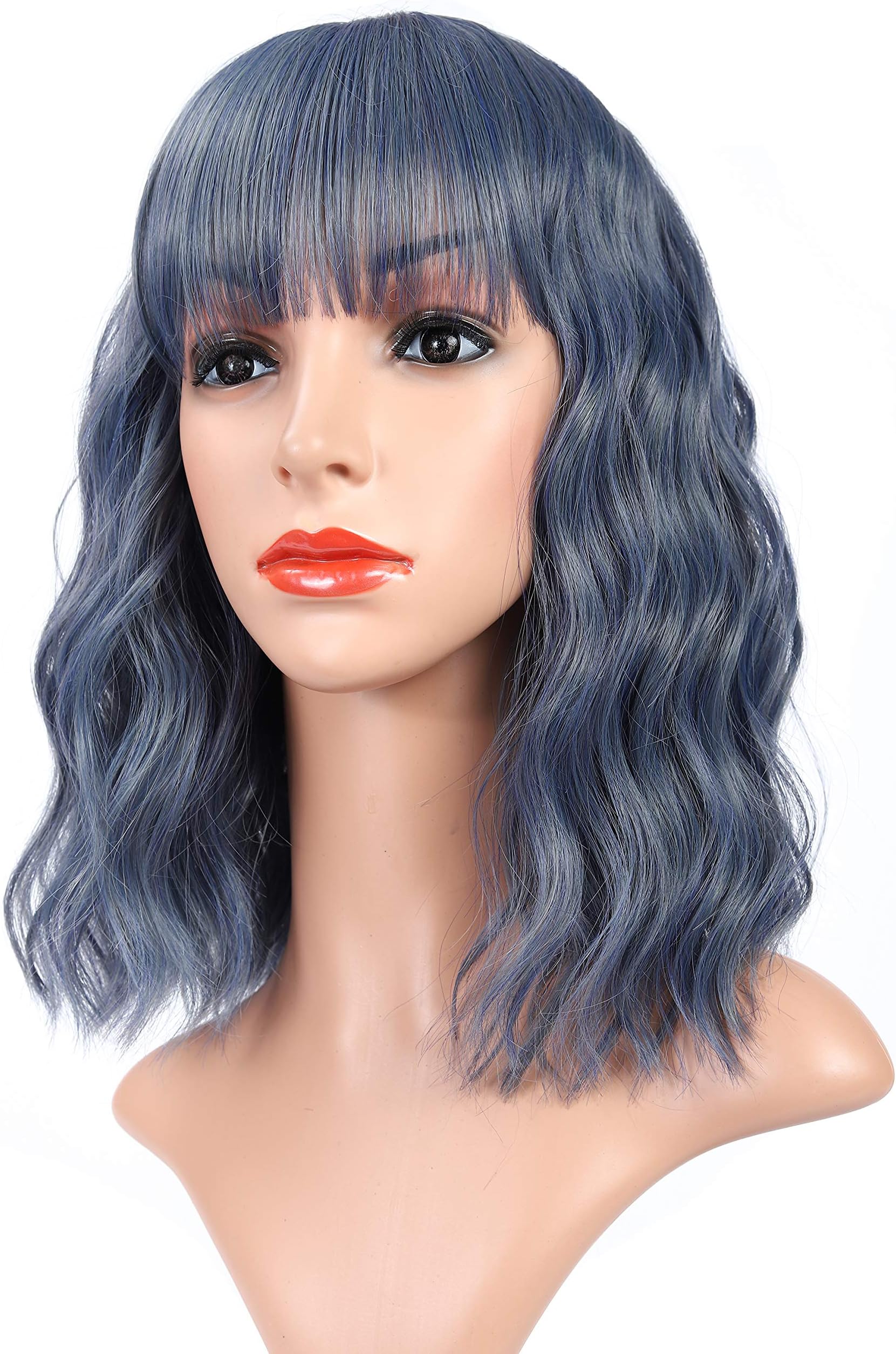 Natural Short Curly Bob Wig With Bangs Shoulder Length Wavy Women's Wig Synthetic Heat Resistant Cosplay Costume Pastel Wig For Girls -12",Mix Blue