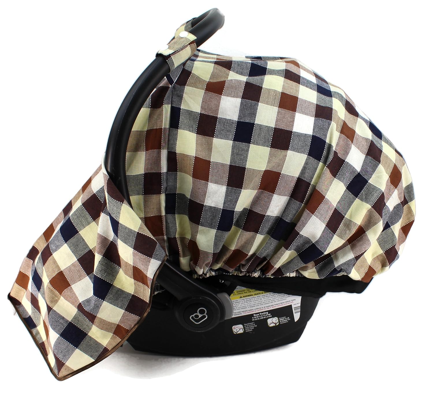 Dear Baby Gear Car Seat Canopy, Mosquito Netting Bug and Sun Shield, Dark Blue and Brown Plaid Cotton Chambray