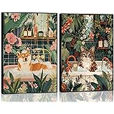 2Pcs Funny Animal Bathroom Wall Art Cat and Dog Taking a Bath Canvas Posters Prints Bohemian Green Plants and Flowers Picture for Bathroom, Toilet Bedroom Wall Decoration Unframed