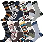 YEJIMONG Men's Cotton Dress Crew Socks 12 Pairs, Fun Patterned & Striped Casual Socks, Animal & Sports Designs, Size 9-12