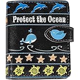 Shag Wear Women's PU Vegan Leather Colorful Slim Trendy Small Bifold Wallet with 4 Credit Card Slots, 1 Zippered Coin Pocket, and Clear ID Window (Protect The Ocean, Black)
